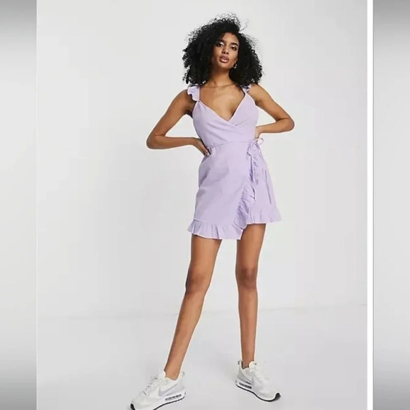 Nwt River Island Seersucker Ruffle shoulder Wrap mini sundress purple 6 ASOS - Picture 2 of 7